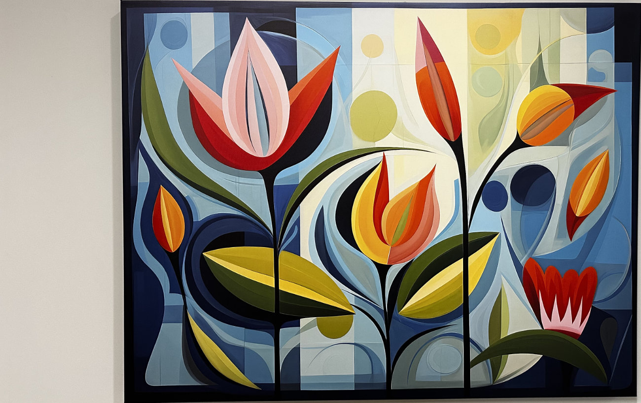 A painting in the clinic with abstract. colourful flowers